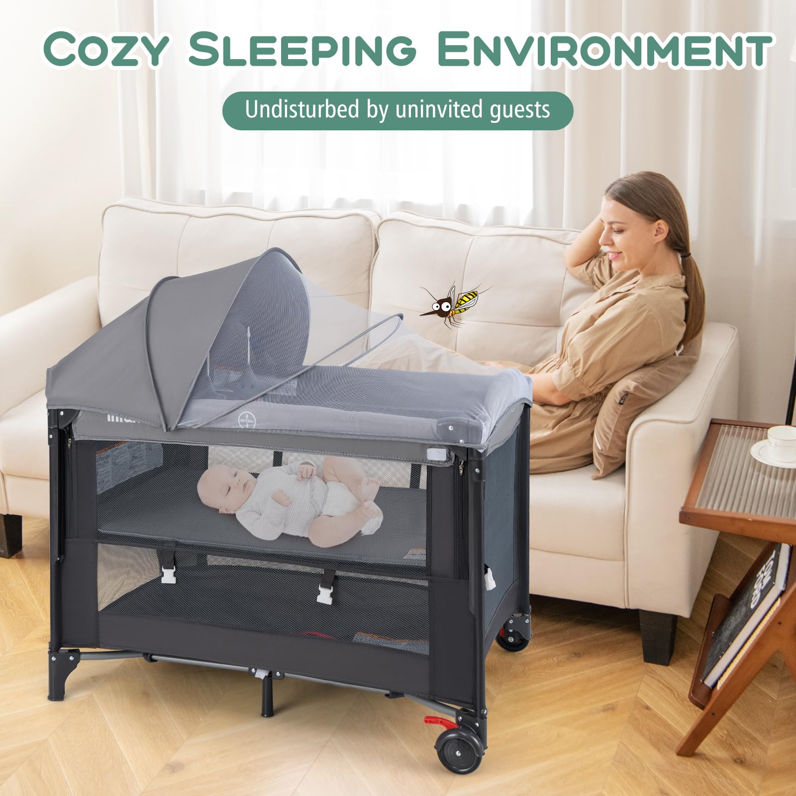 INFANS Baby Bassinet, 4 in 1  Pack and Play Baby Playard with Changing Table, Mosquito Net