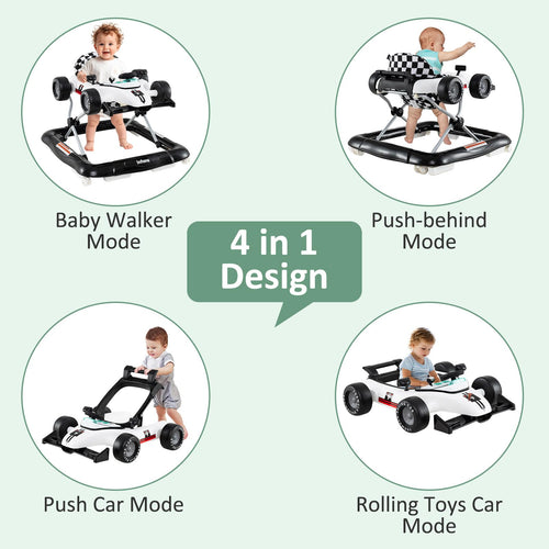 INFANS 4 in 1 Baby Walker, Foldable Toddler Activity Center with Adjustable Height, Removable Toy Tray, Push Walker