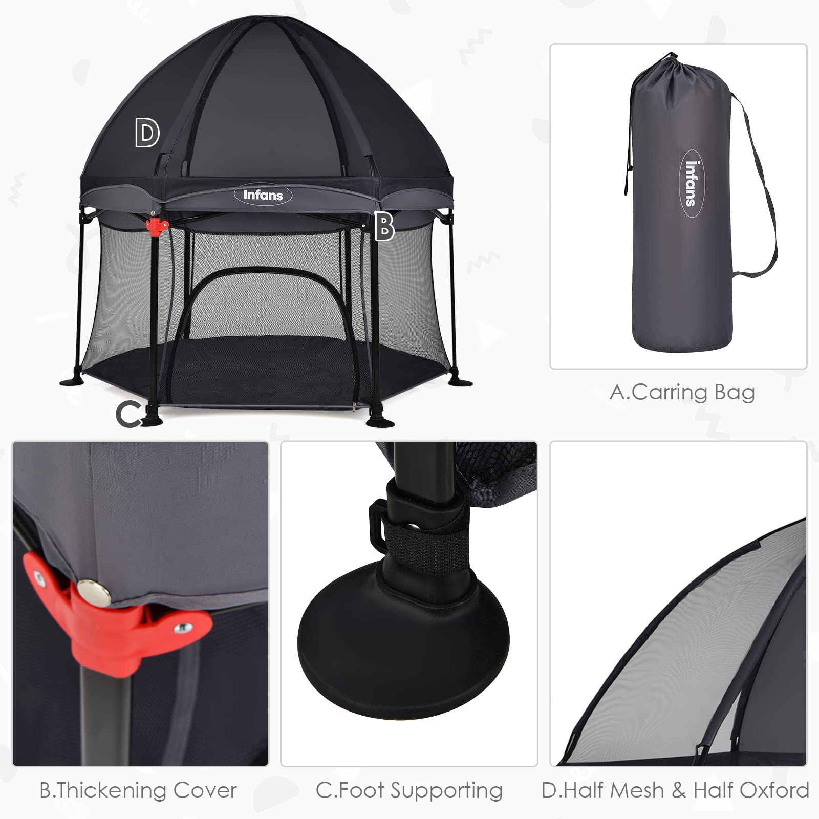 INFANS Baby Playpen with Removable Mesh & UV Canopy, 53" Portable Playhouse with Carry Bag, Easy Folding Playard Activity Center