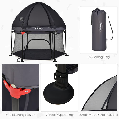 INFANS Baby Playpen with Removable Mesh & UV Canopy, 53" Portable Playhouse with Carry Bag, Easy Folding Playard Activity Center