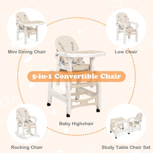 INFANS 5 in 1 Baby High Chair, Convertible Toddler Table Chair Set,  Multi-Function Seat with Lockable Universal Wheels