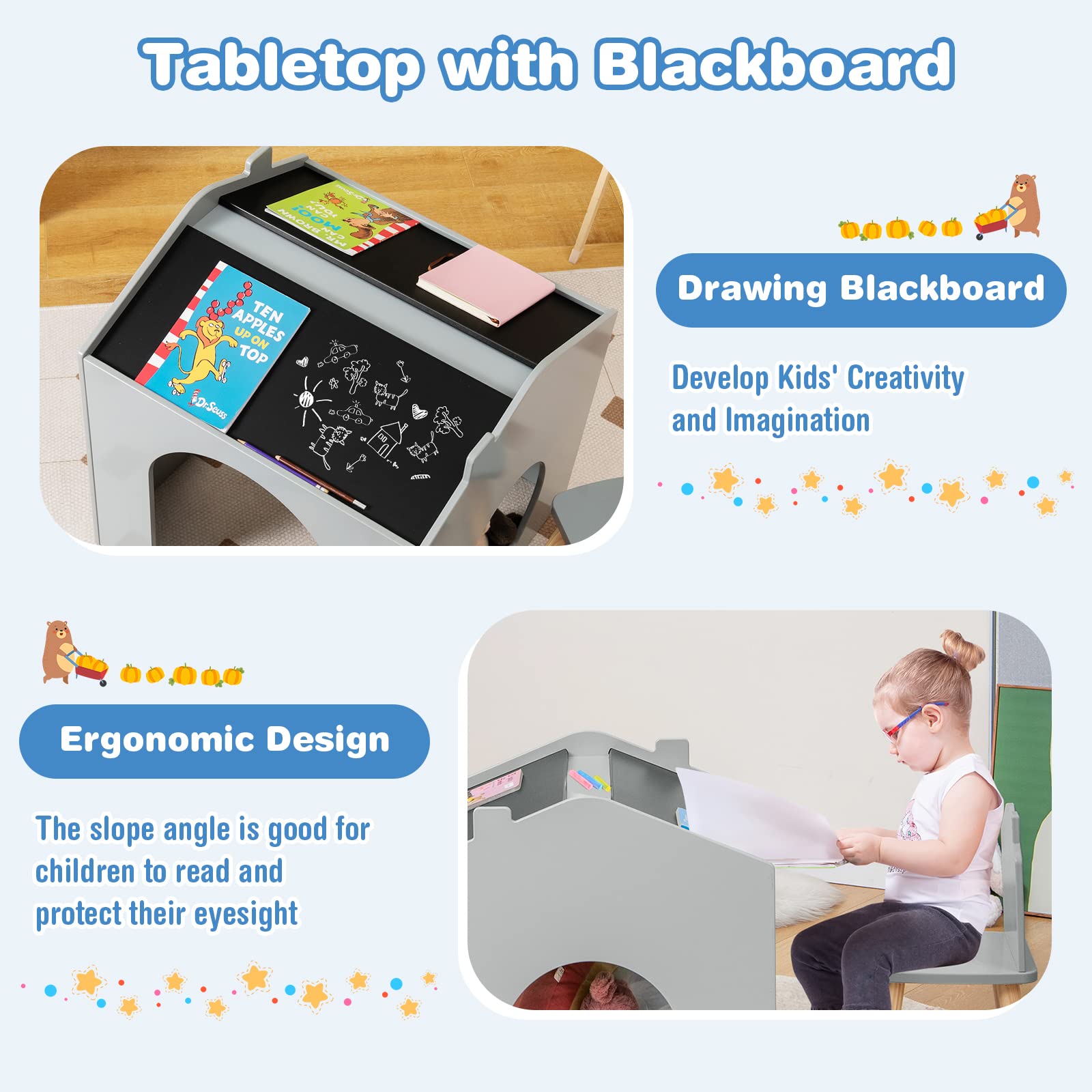 OLAKIDS Kids Table and Chair Set, Wood Multi Activity Table with Blackboard for Toddler Playing Drawing Reading Arts Crafts