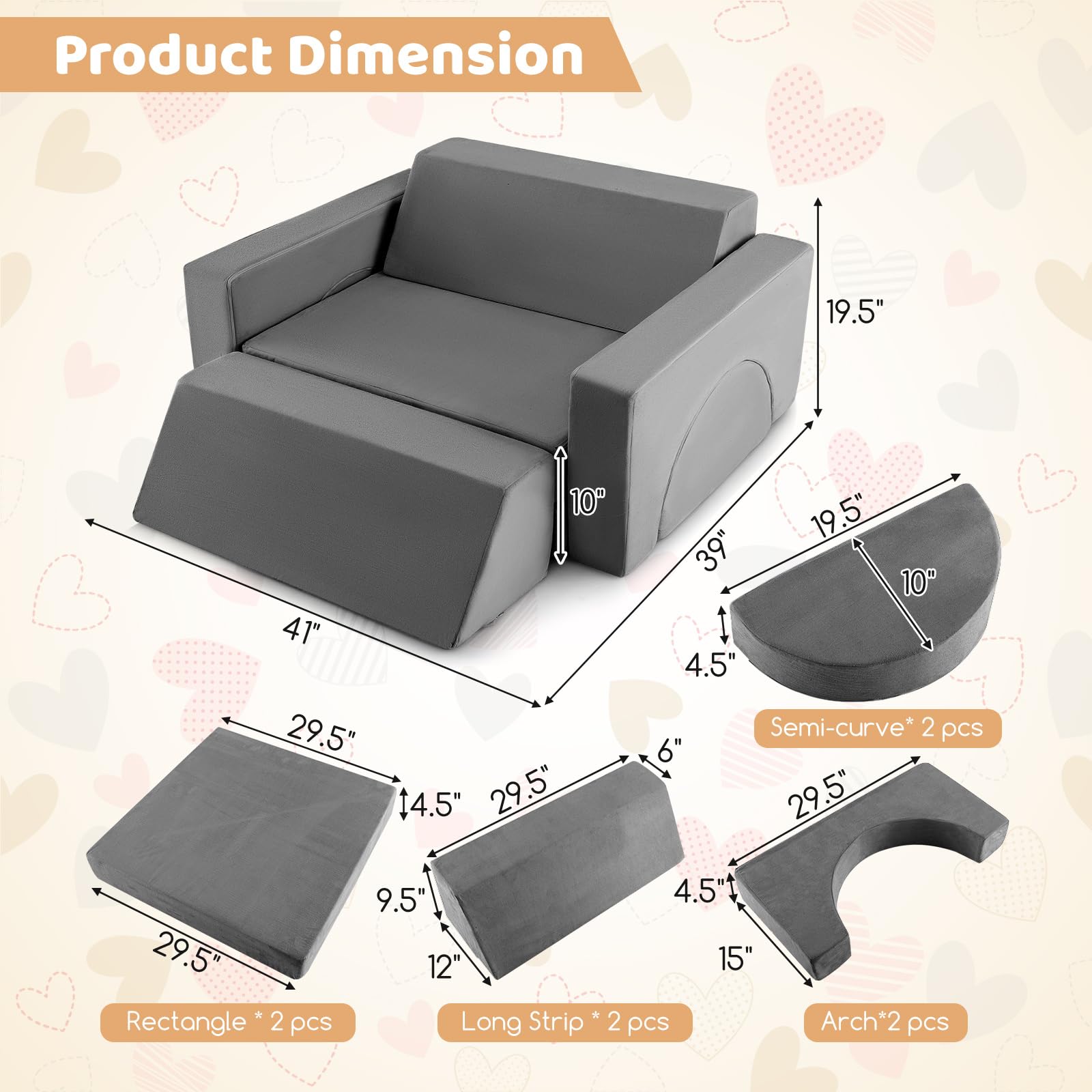OLAKIDS Mondular Kids Play Couch, 8PCS Toddler Sectional Sofa Building Fort
