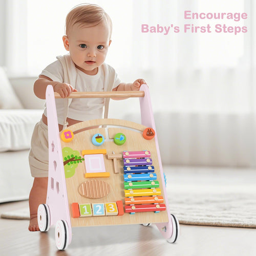 INFANS Wooden Baby Walker, Montessori Walker with Multiple Activity Toys, Push Walker Toys for Infant Learning to Walk