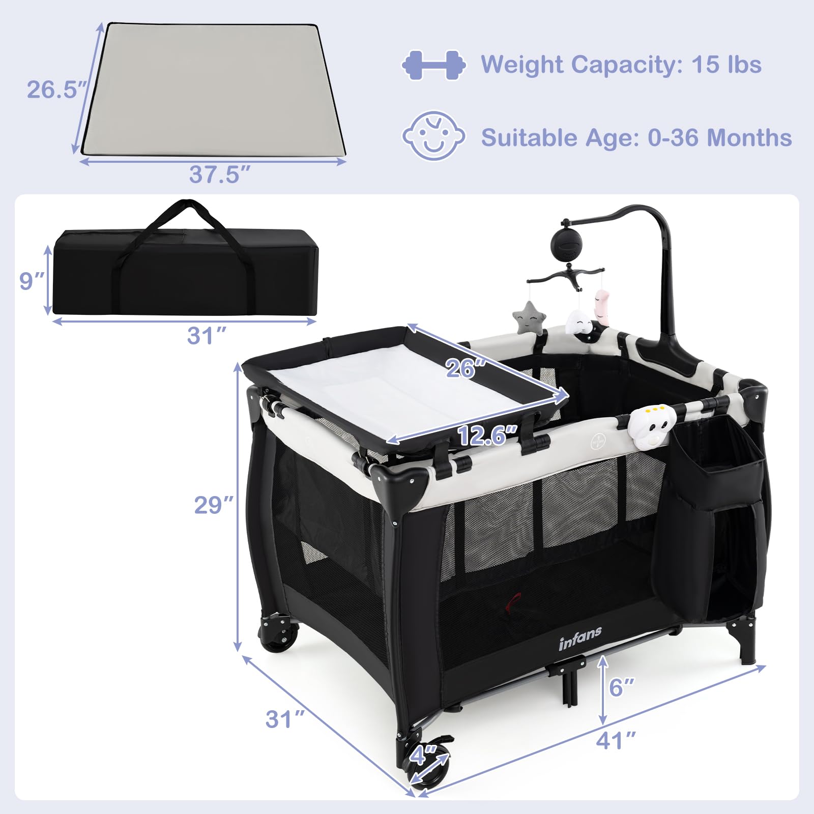 INFANS 3 in 1 Pack and Play, Portable Travel Baby Crib Bassinet with Detachable Mattress, Newborn Changing Table, Foldable Playpen