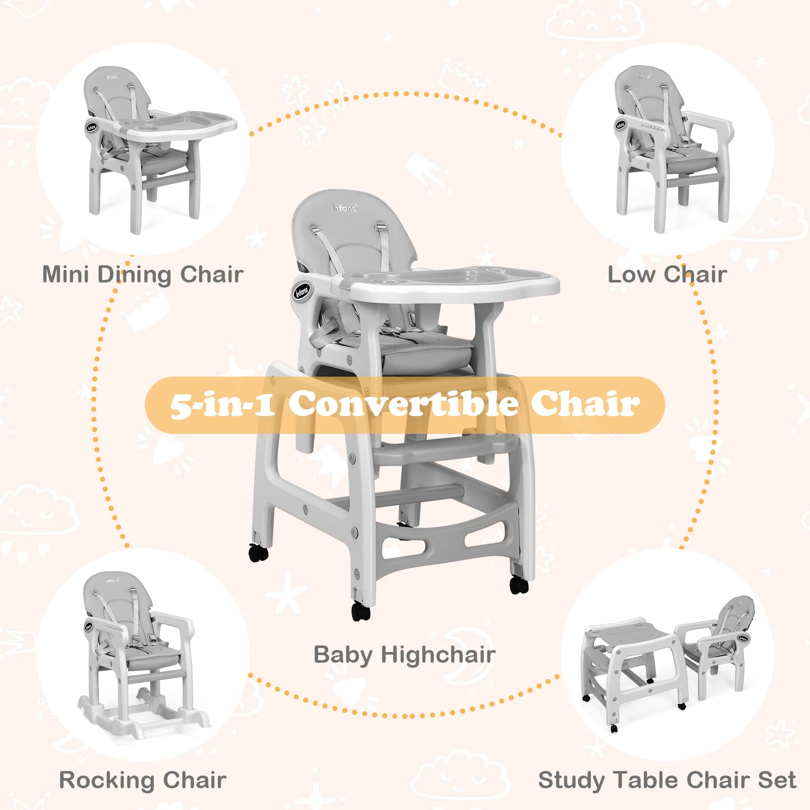INFANS 5 in 1 Baby High Chair, Convertible Toddler Table Chair Set,  Multi-Function Seat with Lockable Universal Wheels