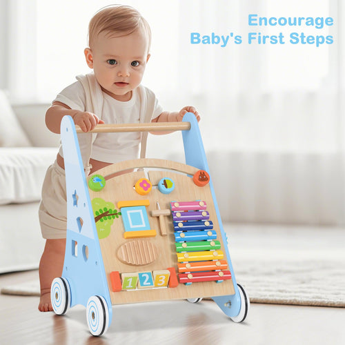 INFANS Wooden Baby Walker, Montessori Walker with Multiple Activity Toys, Push Walker Toys for Infant Learning to Walk
