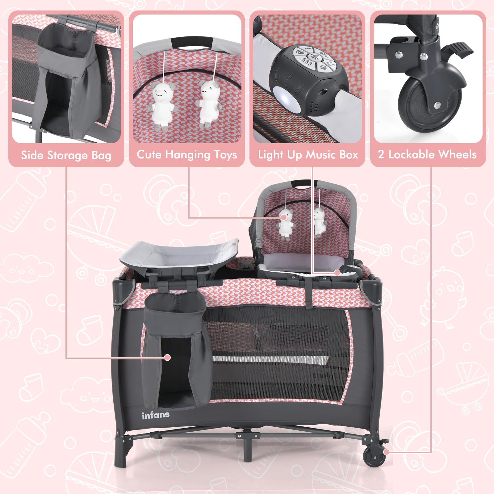 INFANS 4 in 1 Pack and Play, Portable Baby Kid Infant, Travel Playard with Bassinet, Mattress, Diaper Changer