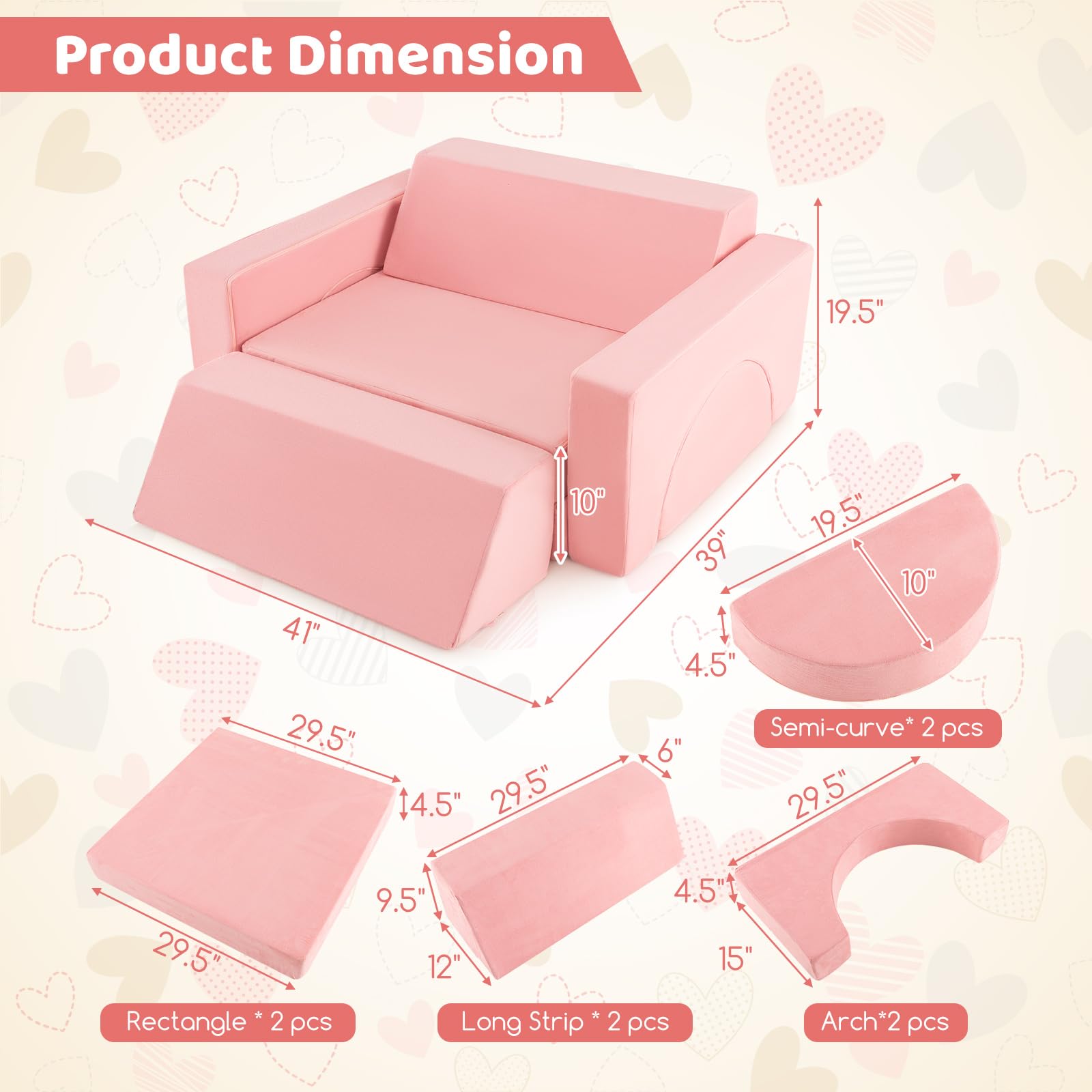 OLAKIDS Mondular Kids Play Couch, 8PCS Toddler Sectional Sofa Building Fort