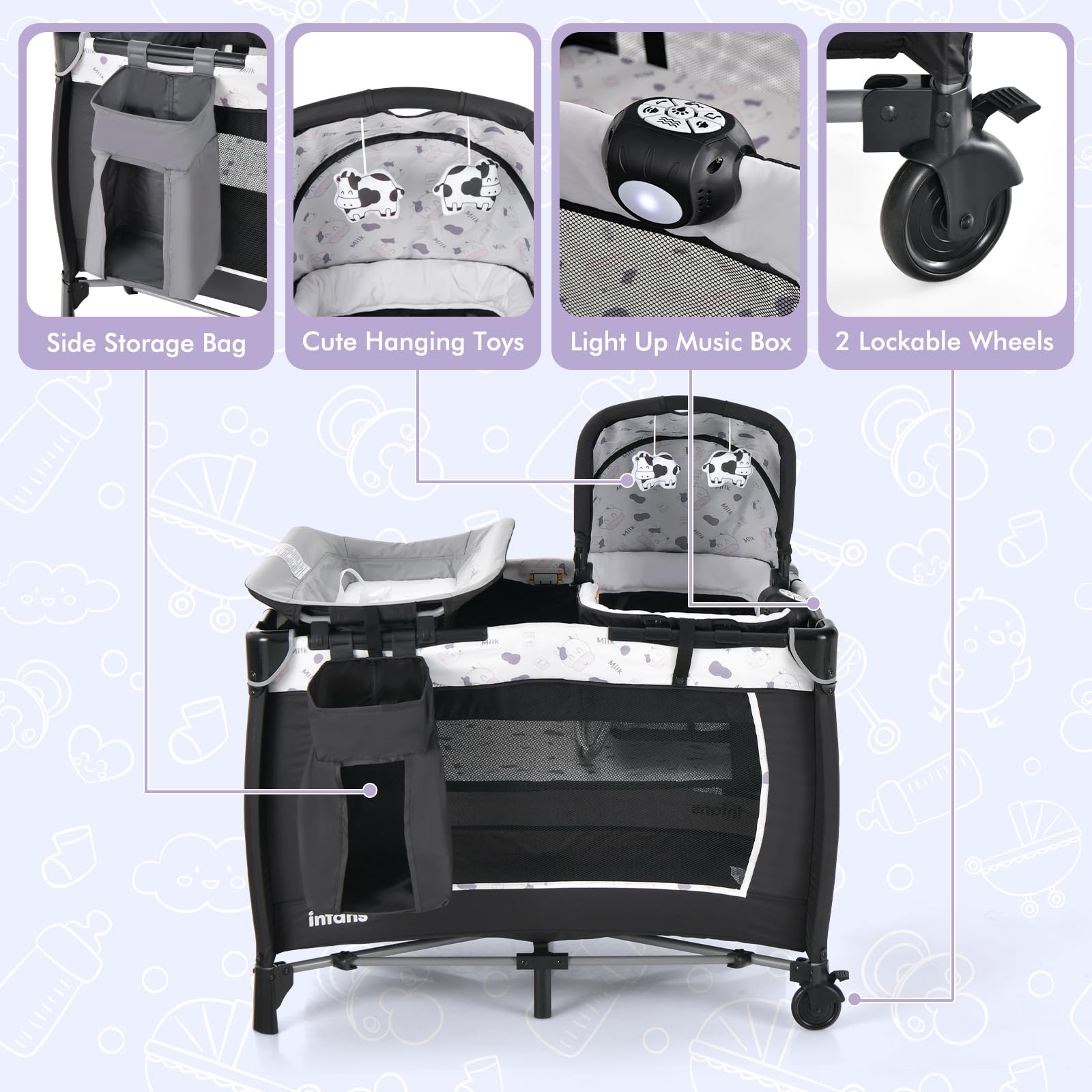 INFANS 4 in 1 Pack and Play, Portable Baby Kid Infant, Travel Playard with Bassinet, Mattress, Diaper Changer
