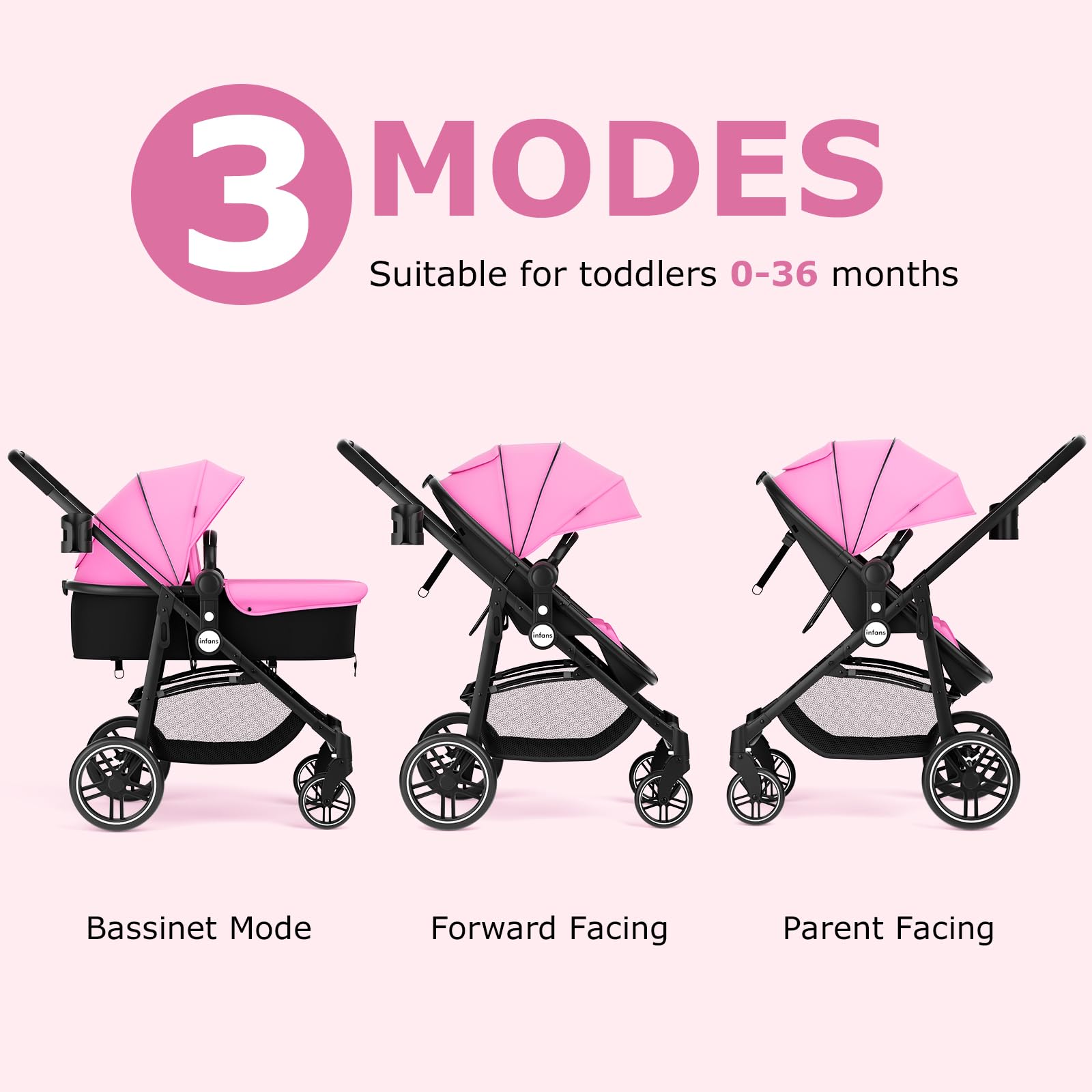 INFANS 2 in 1 Baby Stroller, High Landscape Infant Stroller & Reversible Bassinet Pram, Foldable Pushchair