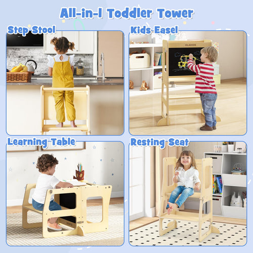 OLAKIDS Toddler Tower, 4 in 1 Foldable Kitchen Stool Helper Learning Standing Tower