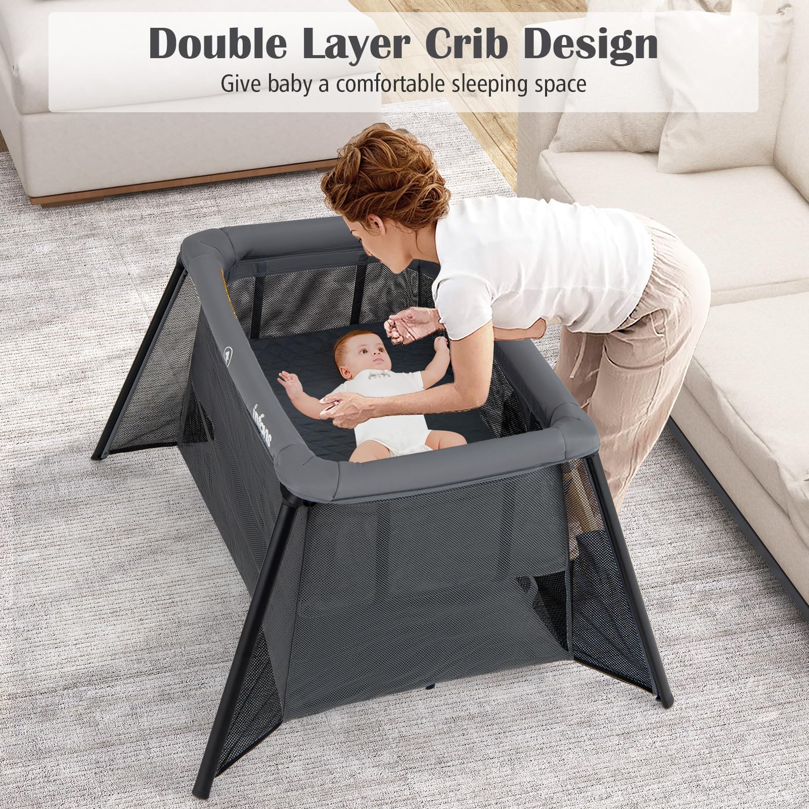 INFANS Travel Crib, Portable Baby Playpen with Removable Bassinet Soft Mattress, Foldable Lightweight Playard Nursery Center