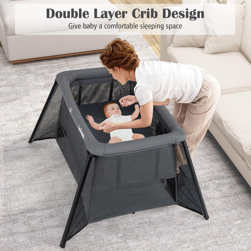 INFANS Travel Crib, Portable Baby Playpen with Removable Bassinet Soft Mattress, Foldable Lightweight Playard Nursery Center