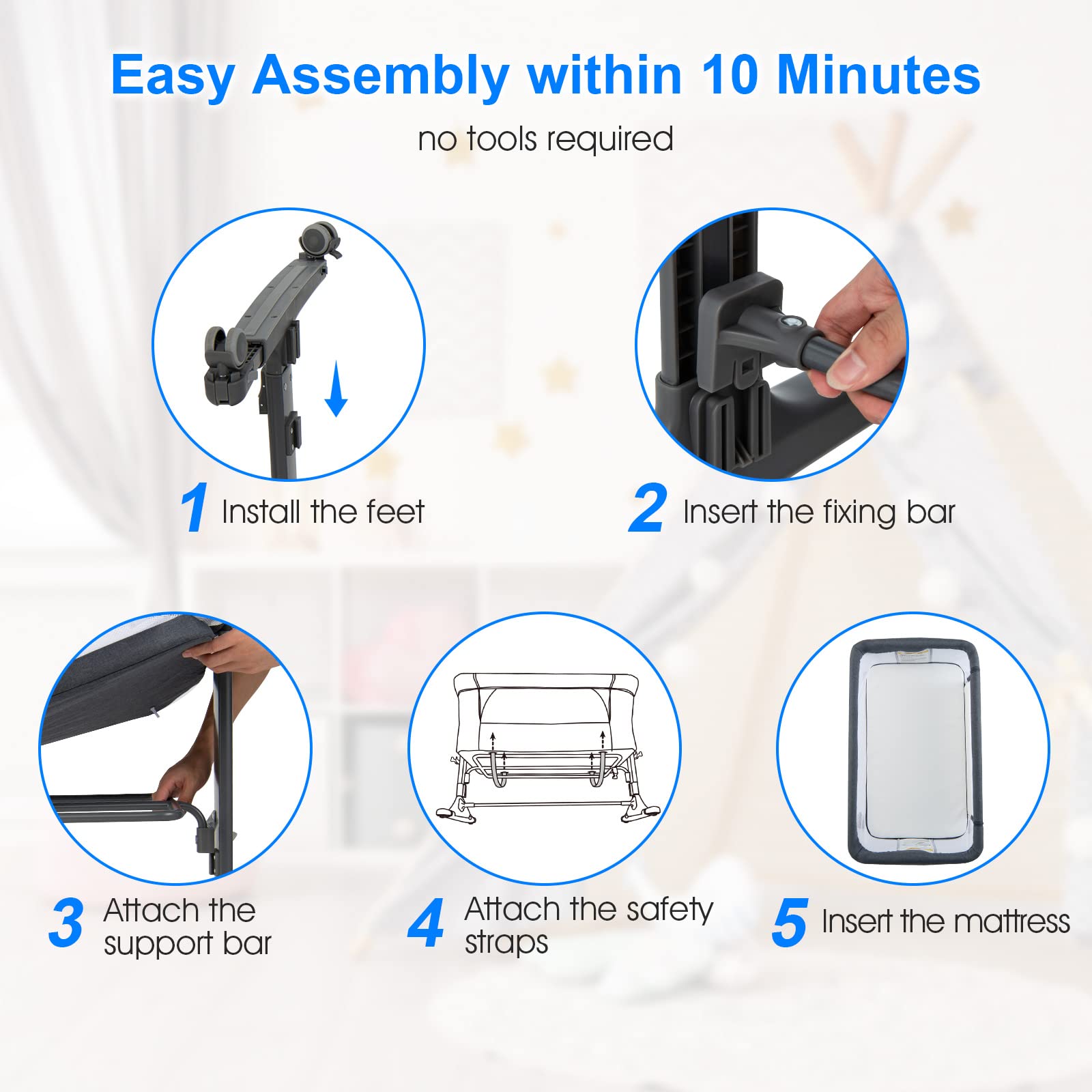 INFANS 3 in 1 Baby Bassinets, Bedside Sleeping for Newborn, Folding Crib with Mattress, Easy to Assemble Cradle
