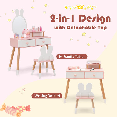 OLAKIDS Kids Vanity Set, 2 in 1 Wooden Princess Makeup Table and Chair with Mirror OLAKIDS