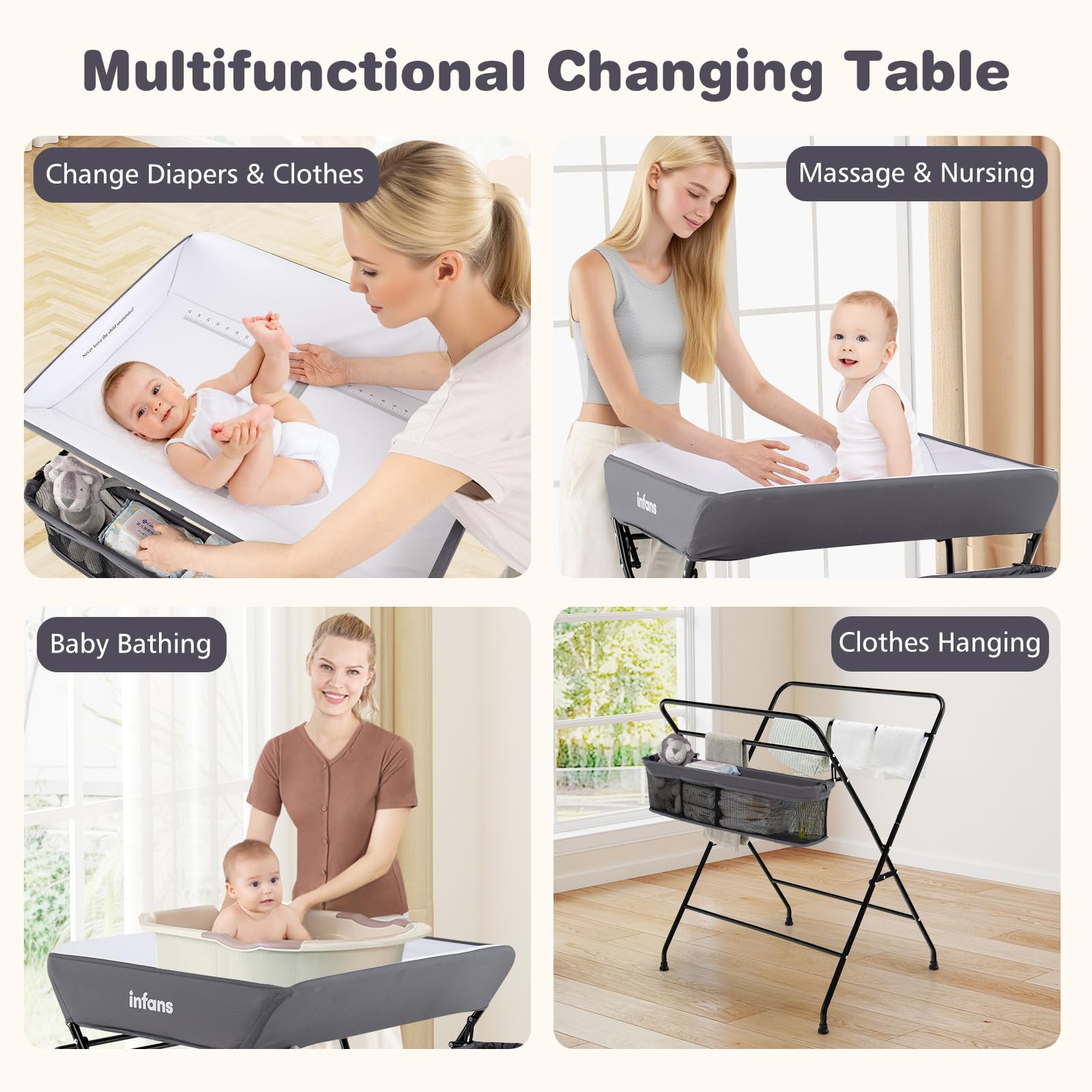 INFANS Baby Changing Table with Wheels, Portable Folding Diaper Station Nursery Organizer with Adjustable Height