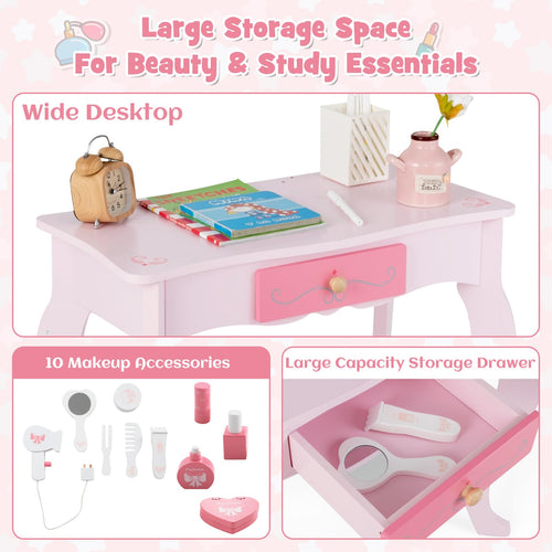 OLAKIDS Kids Vanity, 2 in 1 Princess Makeup Desk Set, Wooden Dressing Table, Pretend Play Vanity Set