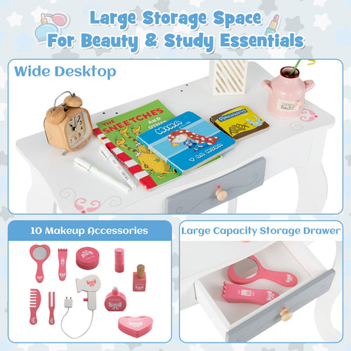 OLAKIDS Kids Vanity, 2 in 1 Princess Makeup Desk Set, Wooden Dressing Table, Pretend Play Vanity Set