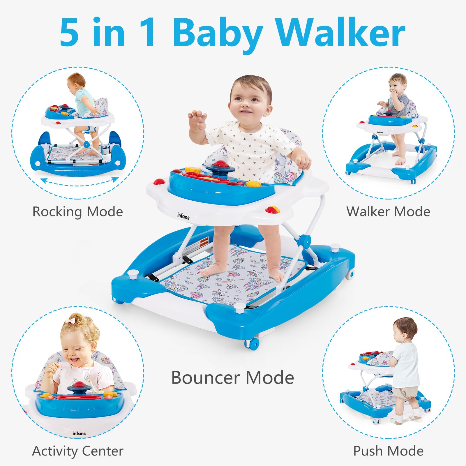 INFANS Baby Walker, 5 in 1 Behind Walker Learning Seated Rocker Bouncer with Removable Music Tray, Adjustable Height
