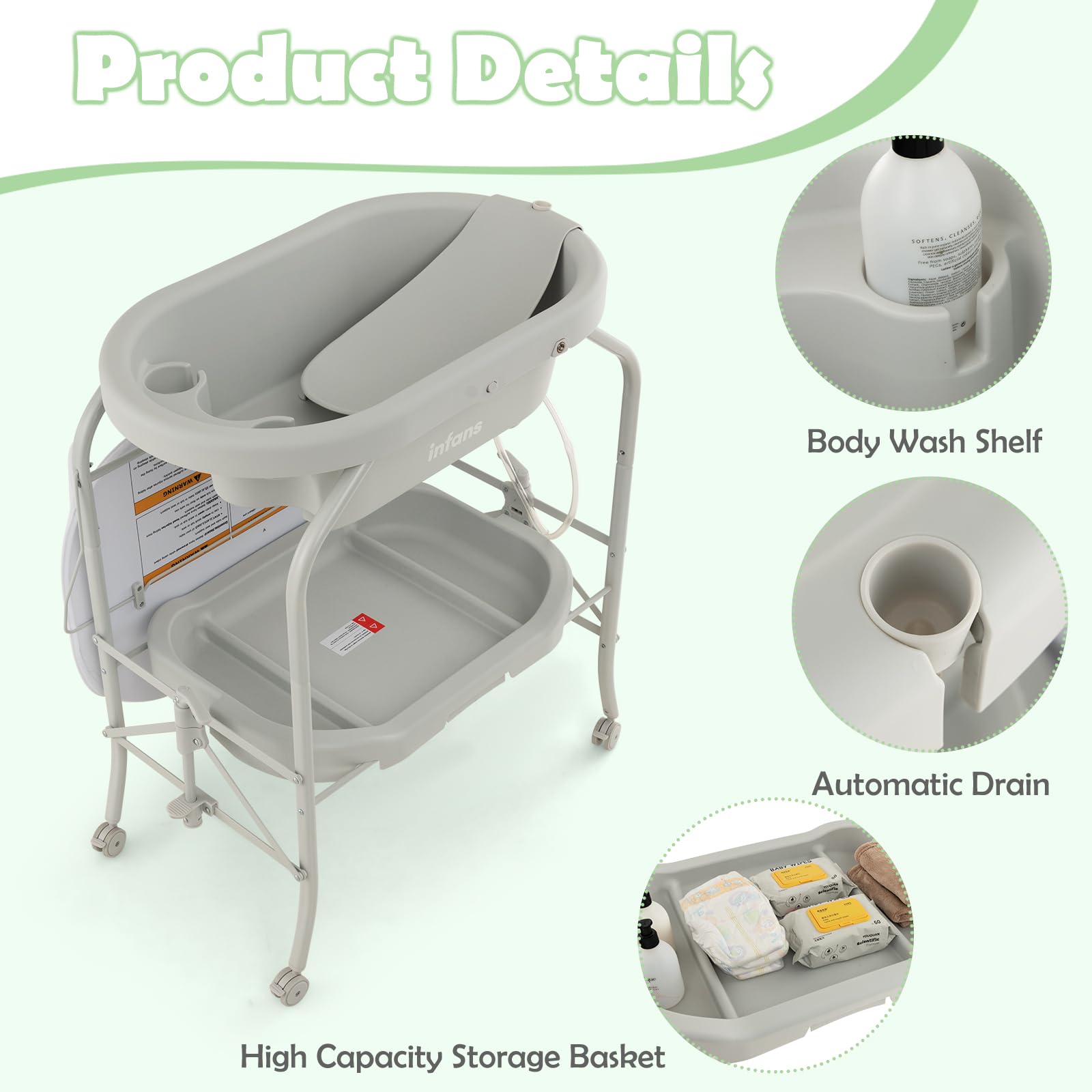 INFANS 2 in 1 Baby Changing Table with Bath Tub Unit, Folding Diaper Dresser Station with Wheels Waterproof
