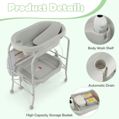 INFANS 2 in 1 Baby Changing Table with Bath Tub Unit, Folding Diaper Dresser Station with Wheels Waterproof