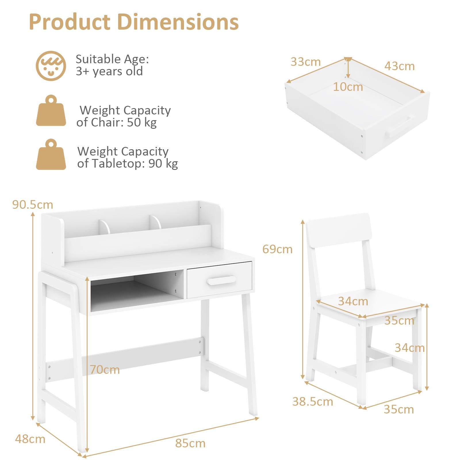 OLAKIDS Table and Chair Set, Toddler Wooden Student Study Desk with Chair Storage Hutch Compartments Drawers