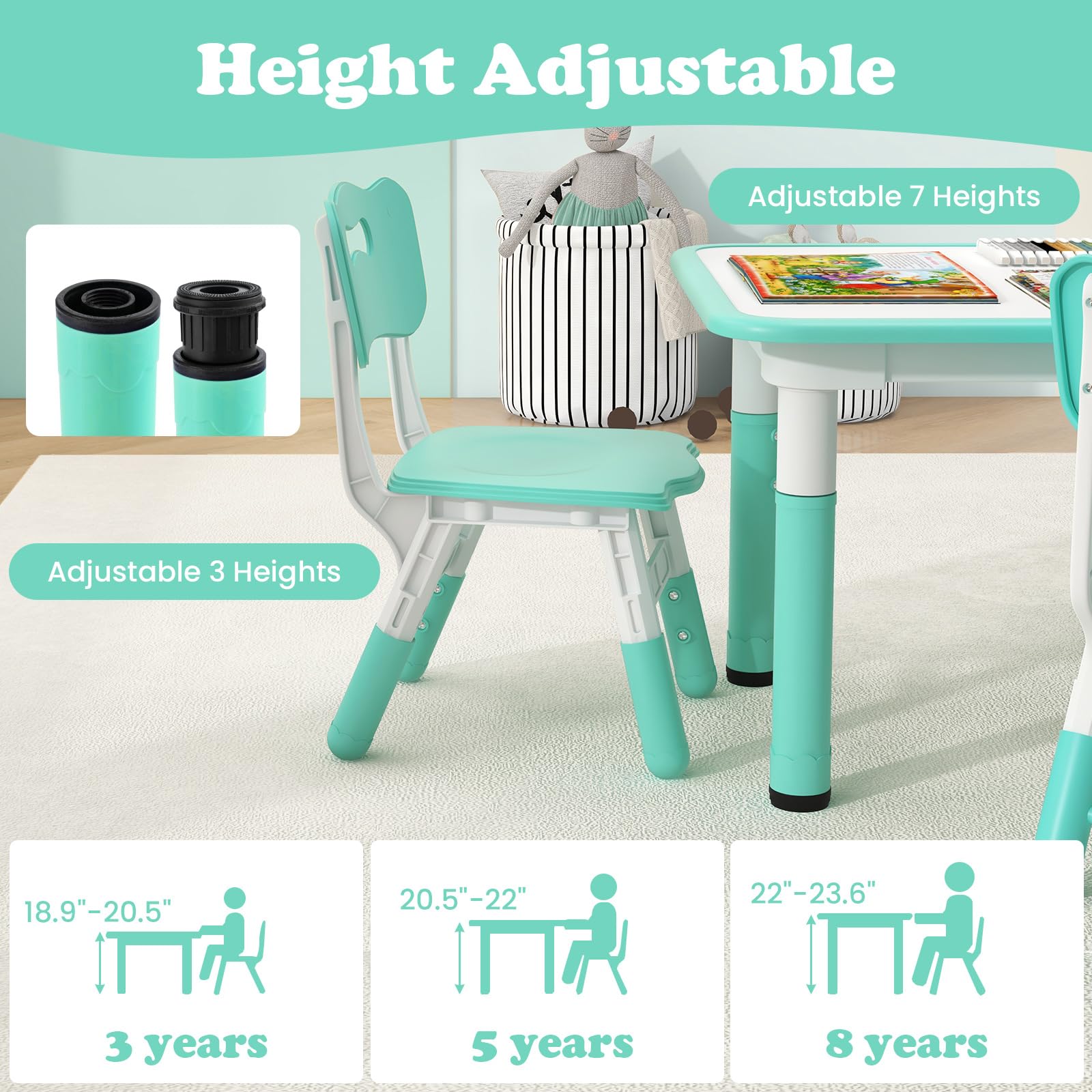 OLAKIDS Kids Table and Chiar Set, Height Adjustable Toddler Desk and 4 Chairs