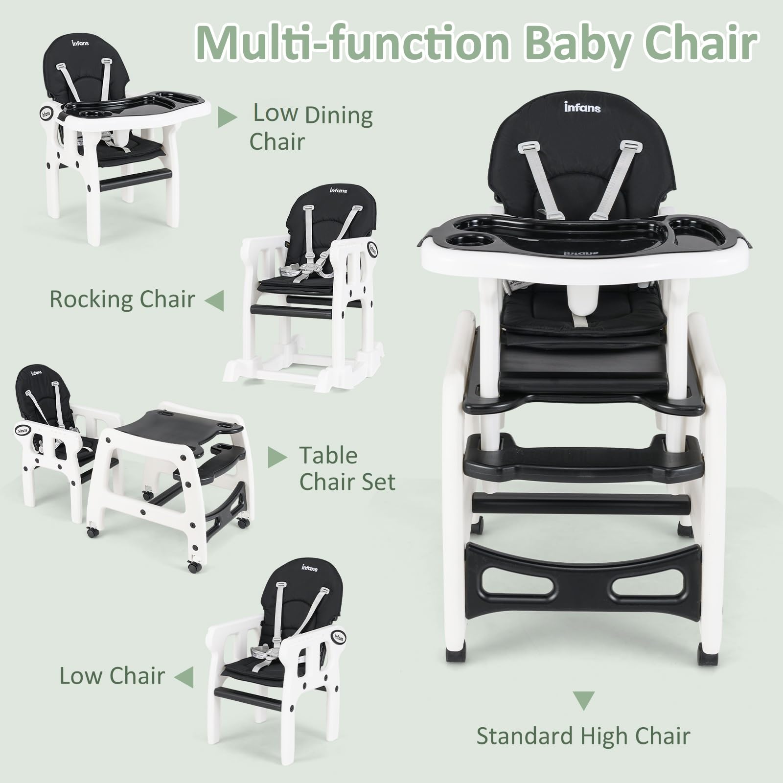 INFANS 5 in 1 Baby High Chair, Convertible Toddler Table Chair Set,  Multi-Function Seat with Lockable Universal Wheels