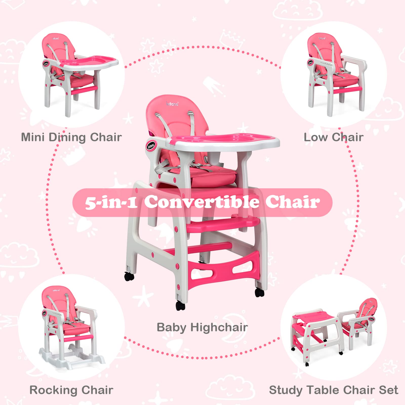 INFANS 5 in 1 Baby High Chair, Convertible Toddler Table Chair Set,  Multi-Function Seat with Lockable Universal Wheels