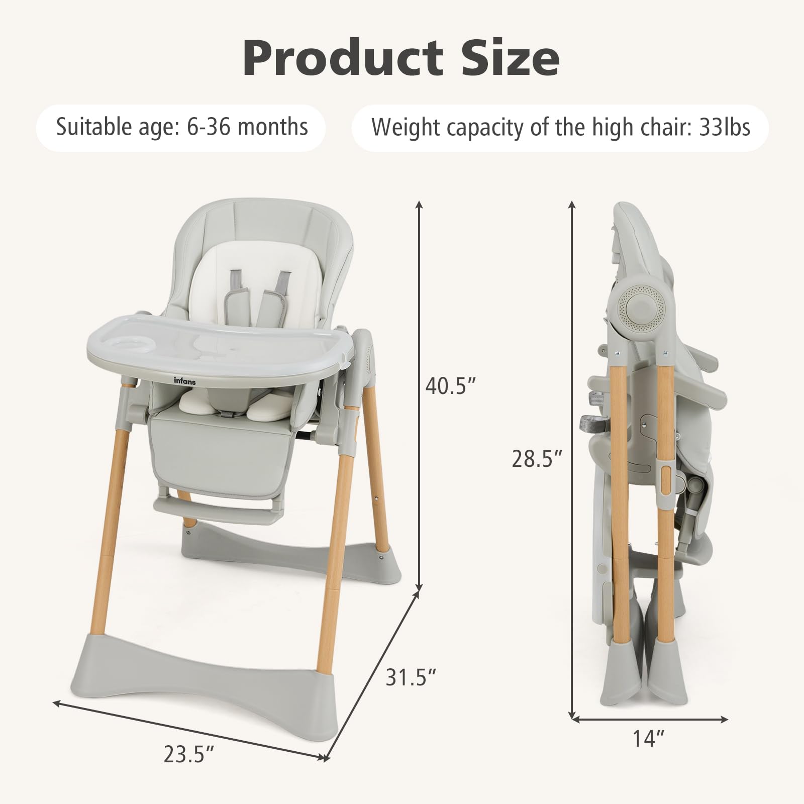 INFANS Baby High Chair, High Chairs for Babies & Toddlers with Adjustable Height Backrest Footrest Removable Tray, Easy to Clean PU Seat Convertible Quick Folding Portable Highchair