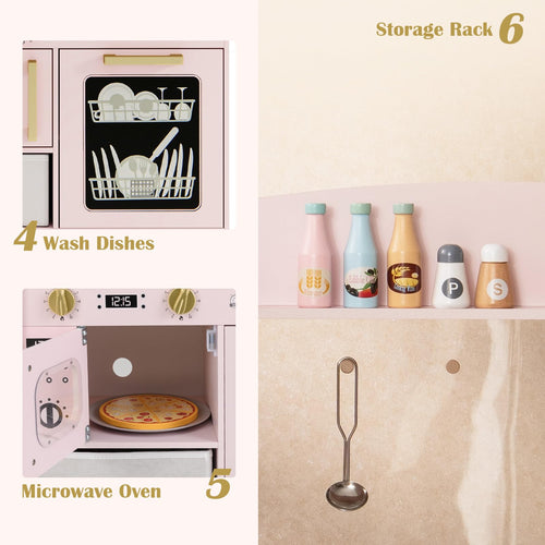 OLAKIDS Kids Kitchen Playset, Toddler Wooden Pretend Cooking Toy Set with Acrylic Drawing Board Ice Machine Dishwasher