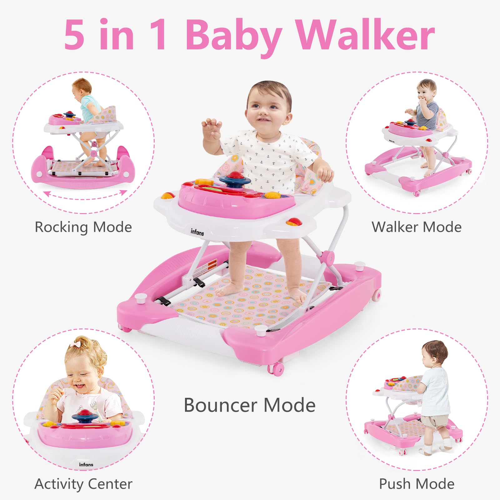 INFANS Baby Walker, 5 in 1 Behind Walker Learning Seated Rocker Bouncer with Removable Music Tray, Adjustable Height