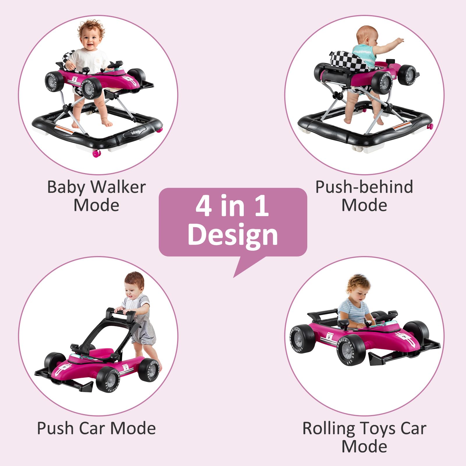 INFANS 4 in 1 Baby Walker, Foldable Toddler Activity Center with Adjustable Height, Removable Toy Tray, Push Walker