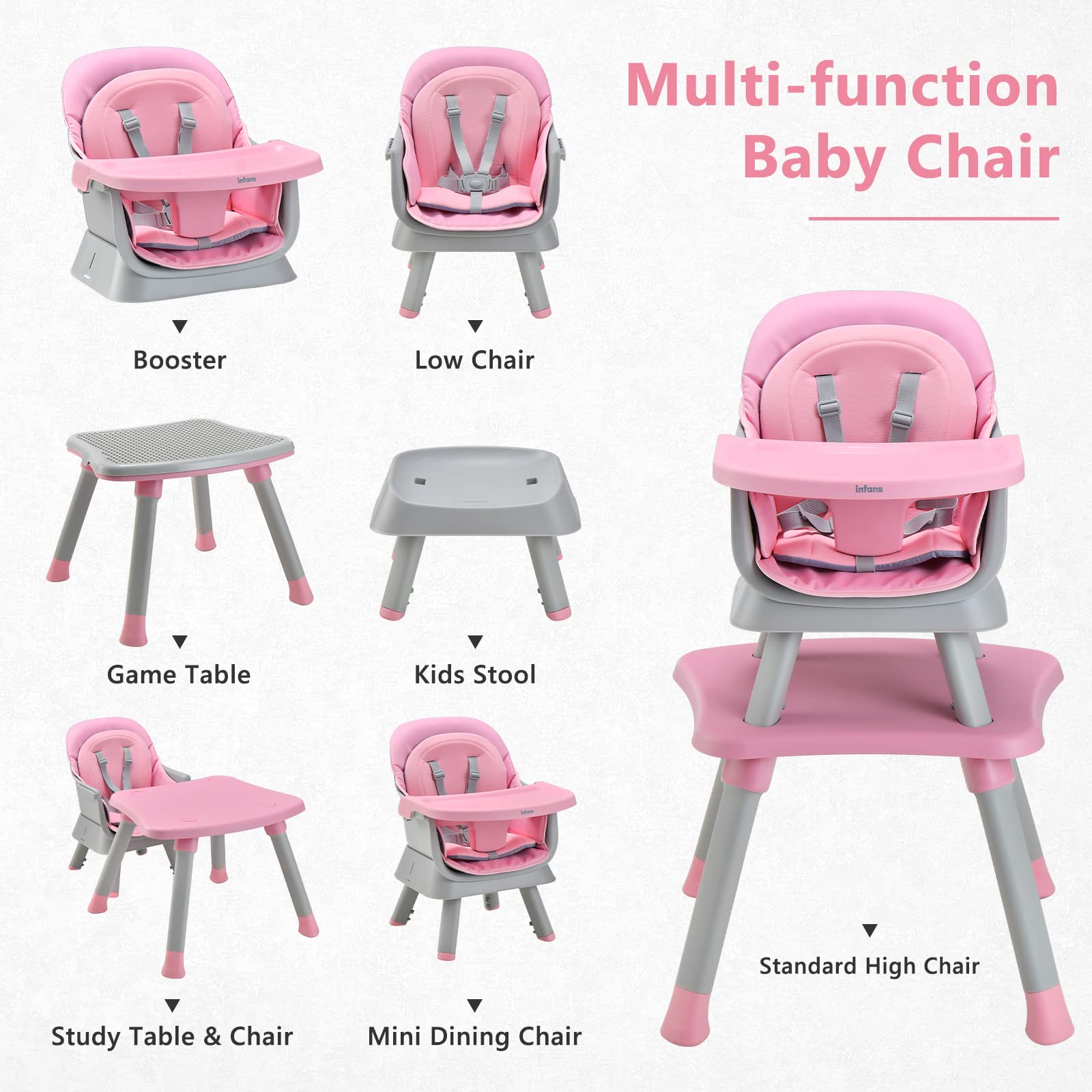 INFANS 8 in 1 Baby High Chair, Convertible Highchair for Babies and Toddlers, Infant Dining Booster Seat