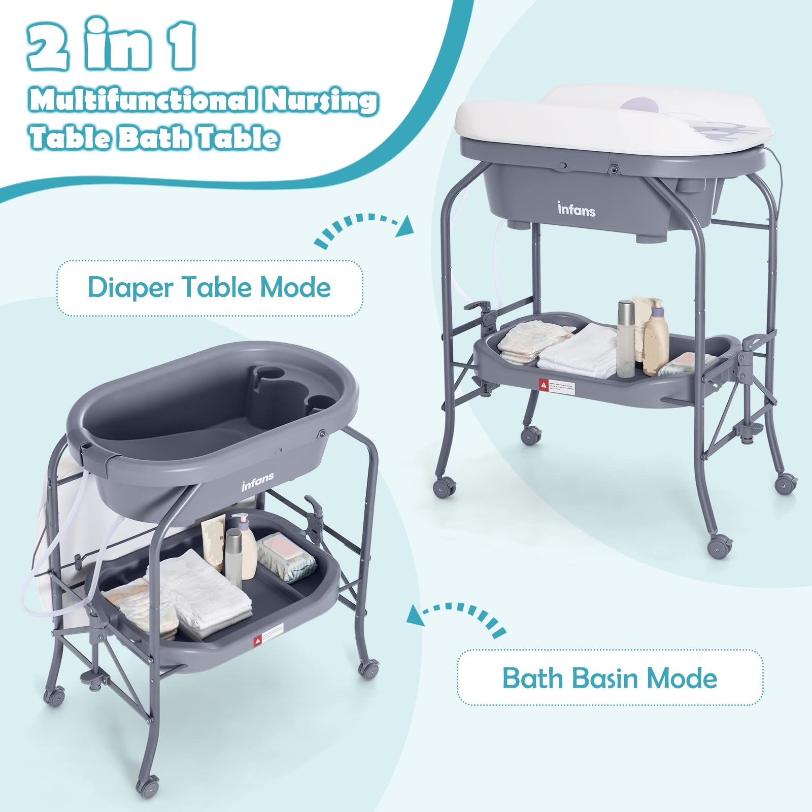 INFANS 2 in 1 Baby Changing Table with Bath Tub Unit, Folding Diaper Dresser Station with Wheels Waterproof