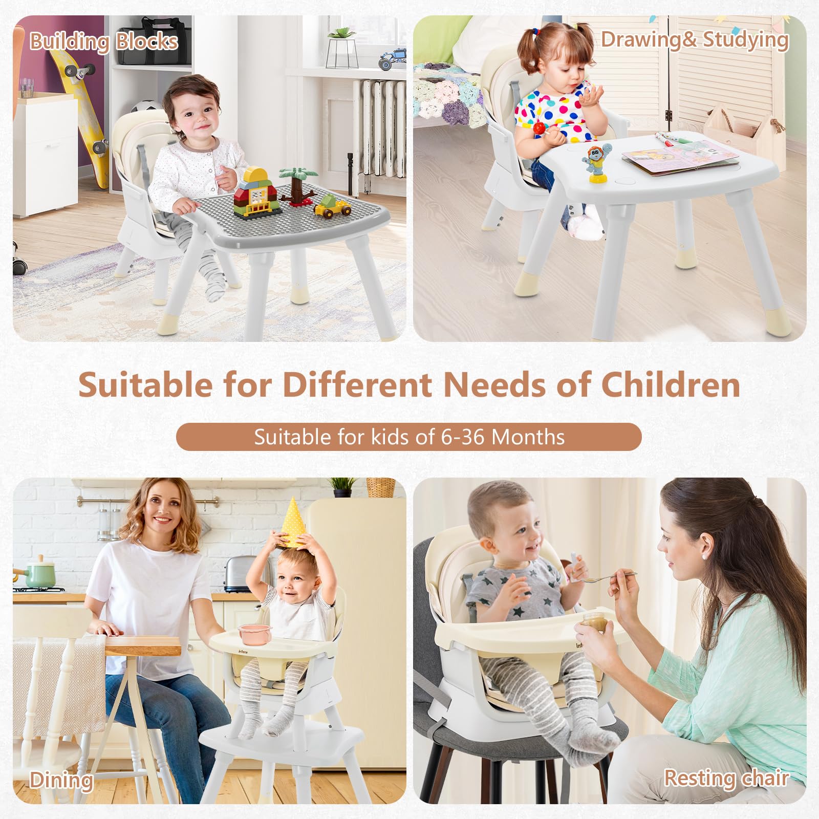 INFANS 8 in 1 Baby High Chair, Convertible Highchair for Babies and Toddlers, Infant Dining Booster Seat