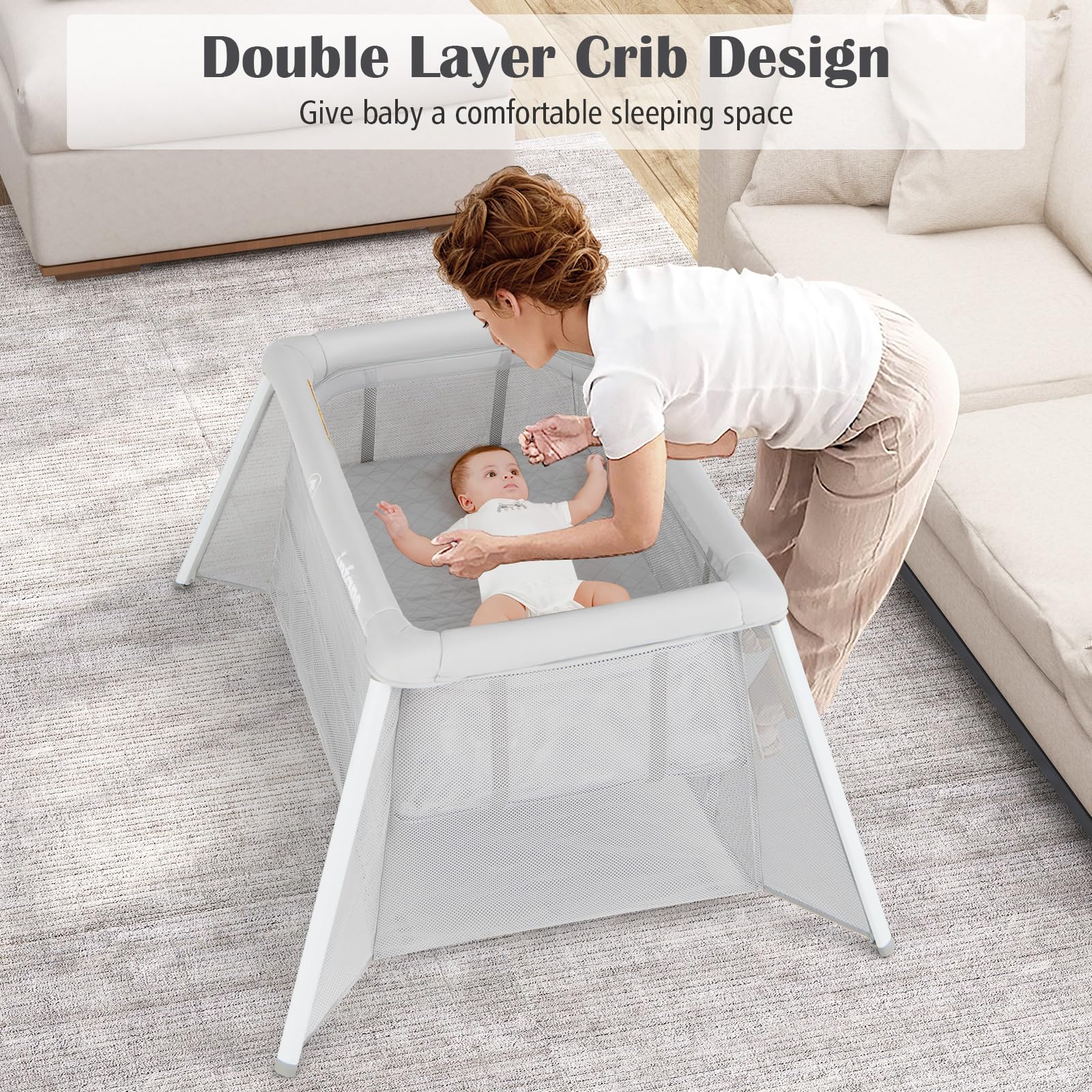 INFANS Travel Crib, Portable Baby Playpen with Removable Bassinet Soft Mattress, Foldable Lightweight Playard Nursery Center