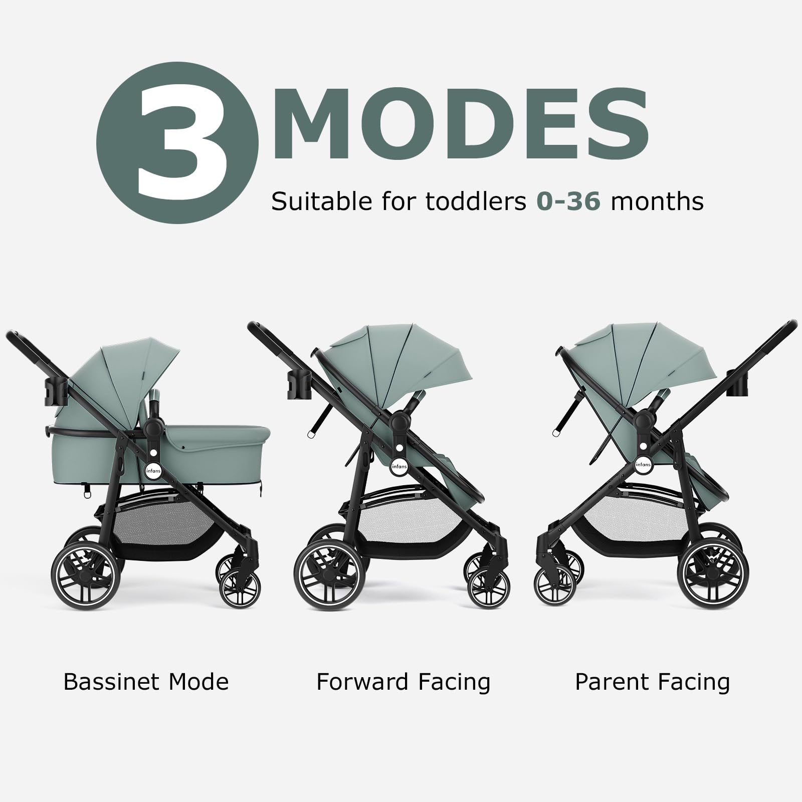 INFANS 2 in 1 Baby Stroller, High Landscape Infant Stroller & Reversible Bassinet Pram, Foldable Pushchair