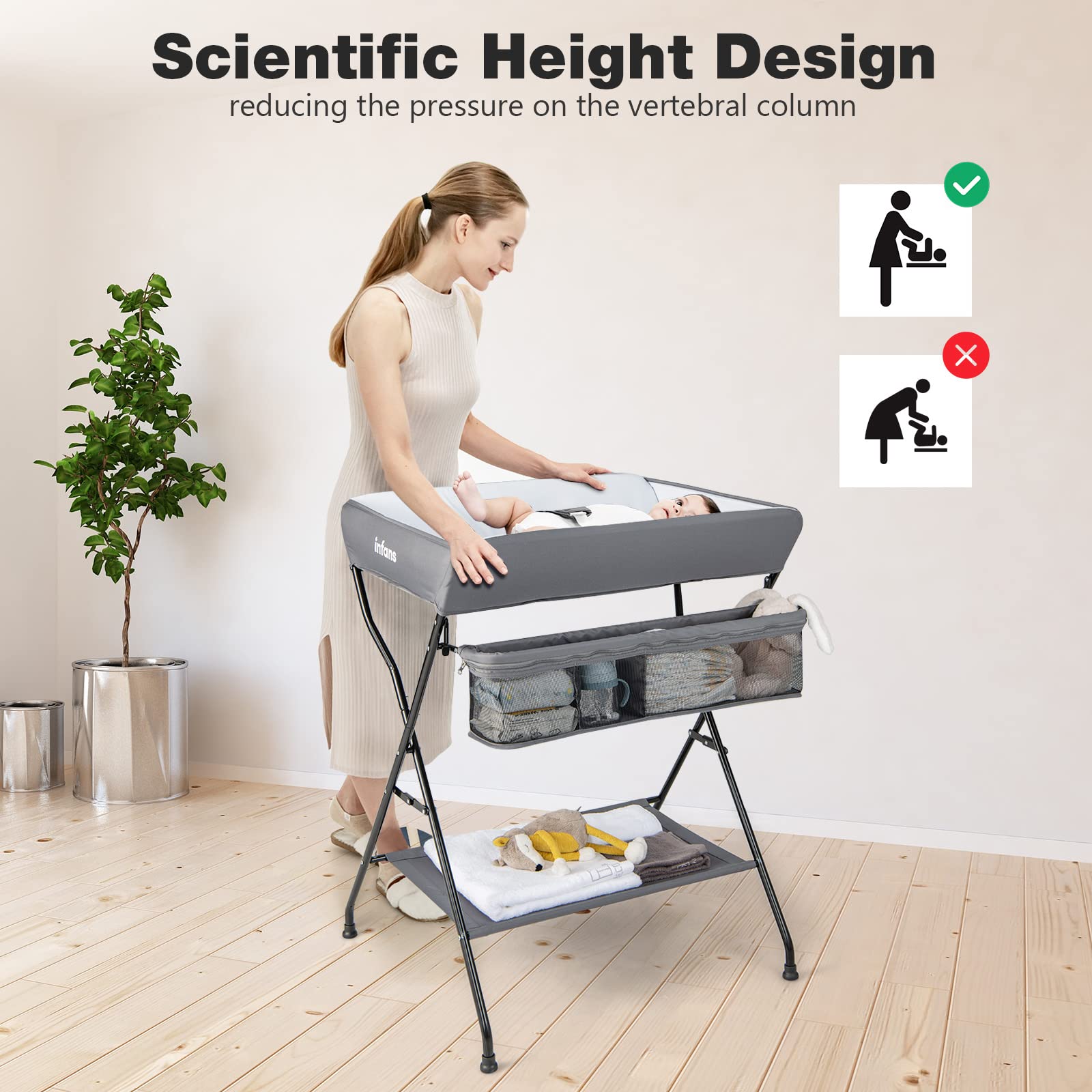 INFANS Baby Changing Table, Folding Diaper Station Portable Nursery Organizer with Safety Belt and Storage Racks