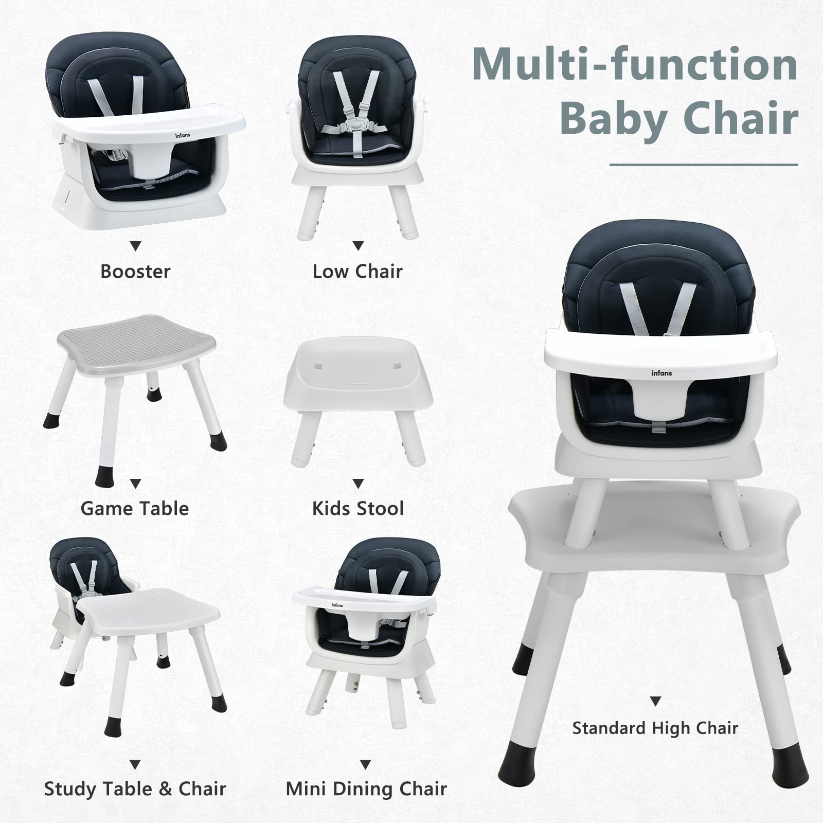 INFANS 8 in 1 Baby High Chair, Convertible Highchair for Babies and Toddlers, Infant Dining Booster Seat