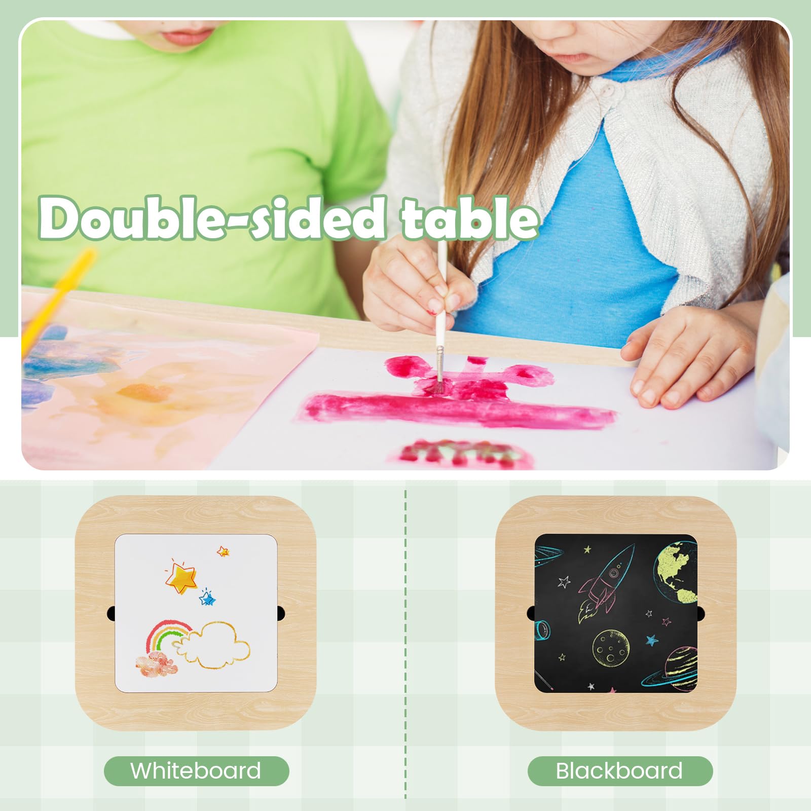 OLAKIDS Kids Table and Chair Set, 3 in 1 Wooden Activity Table with Removable Tabletop, Blackboard and Whiteboard