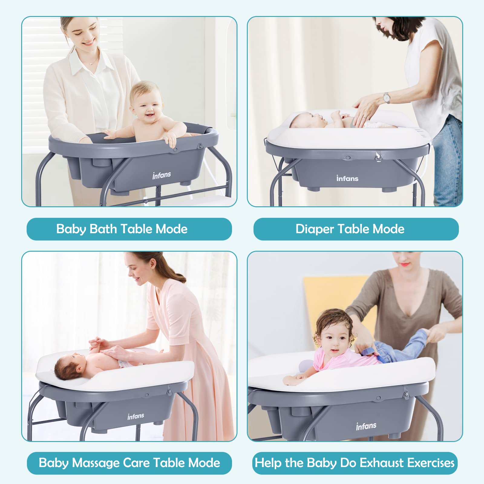 INFANS 2 in 1 Baby Changing Table with Bath Tub Unit, Folding Diaper Dresser Station with Wheels Waterproof