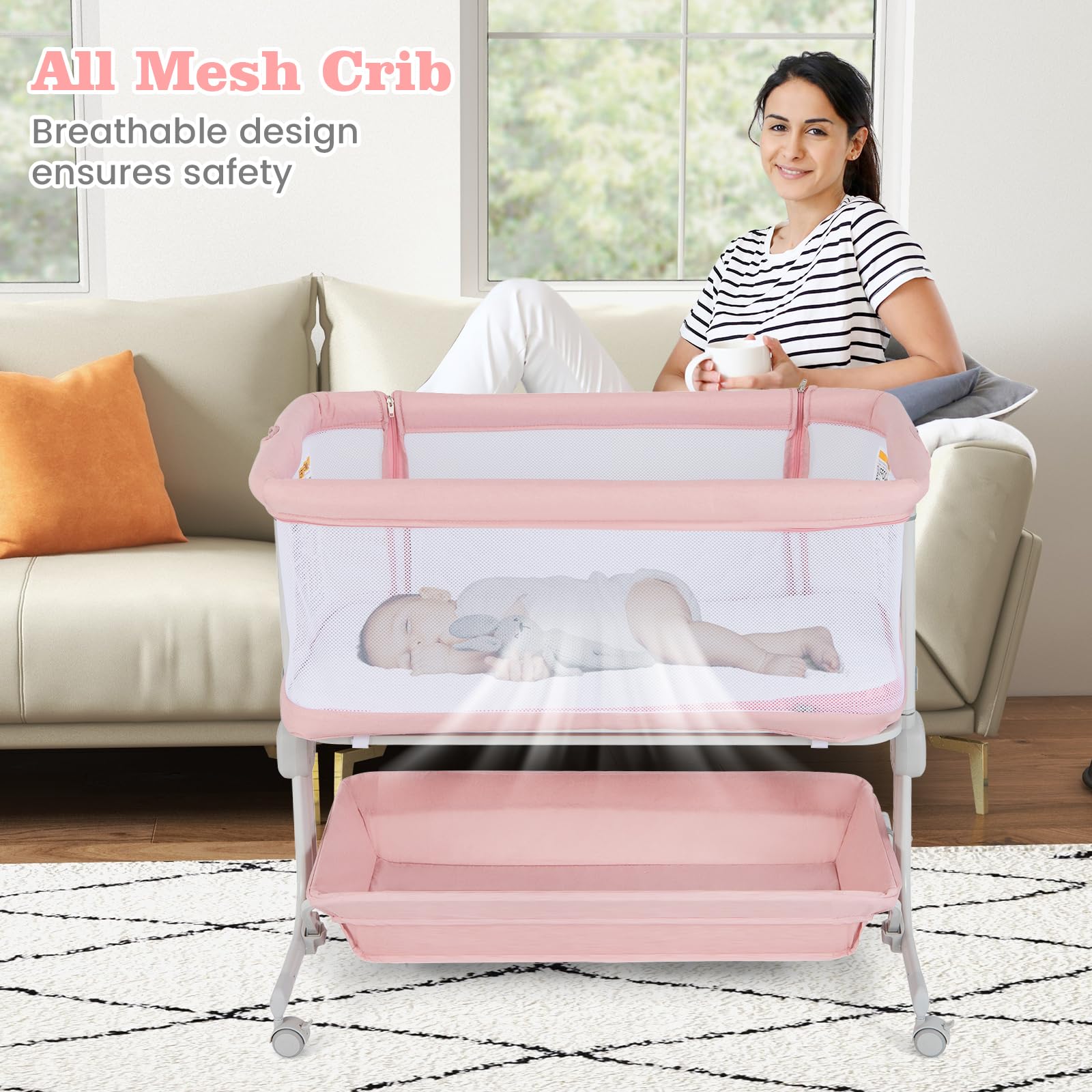INFANS 3-in-1 Baby Bassinet, Bedside Sleeper with Comfy Mattress, Wheels, 6-Height Adjustable, Storage Basket