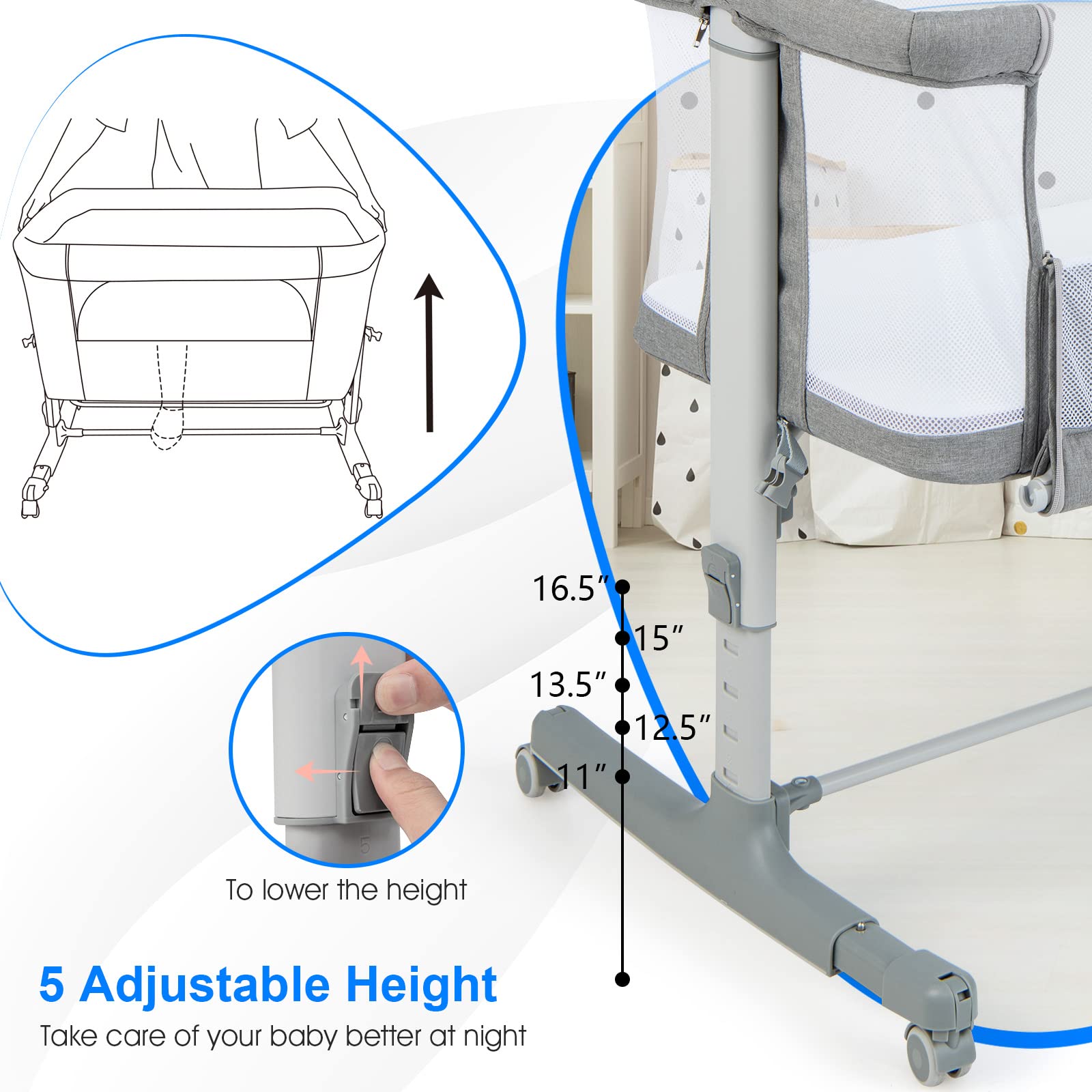 INFANS 3 in 1 Baby Bassinets, Bedside Sleeping for Newborn, Folding Crib with Mattress, Easy to Assemble Cradle