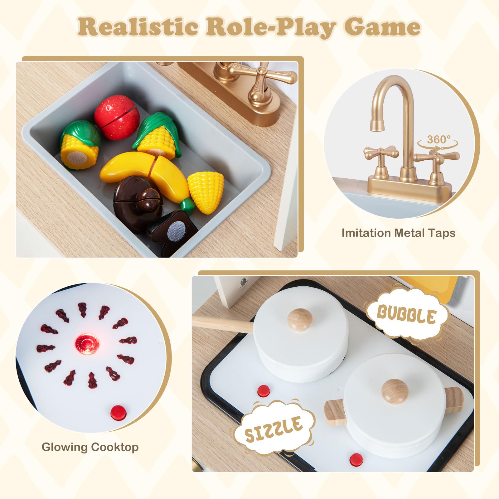 OLAKIDS Kids Kitchen Playset, Toddler Wooden Pretend Cooking Set Microwave, Simulation Play Kitchen Toy for Children