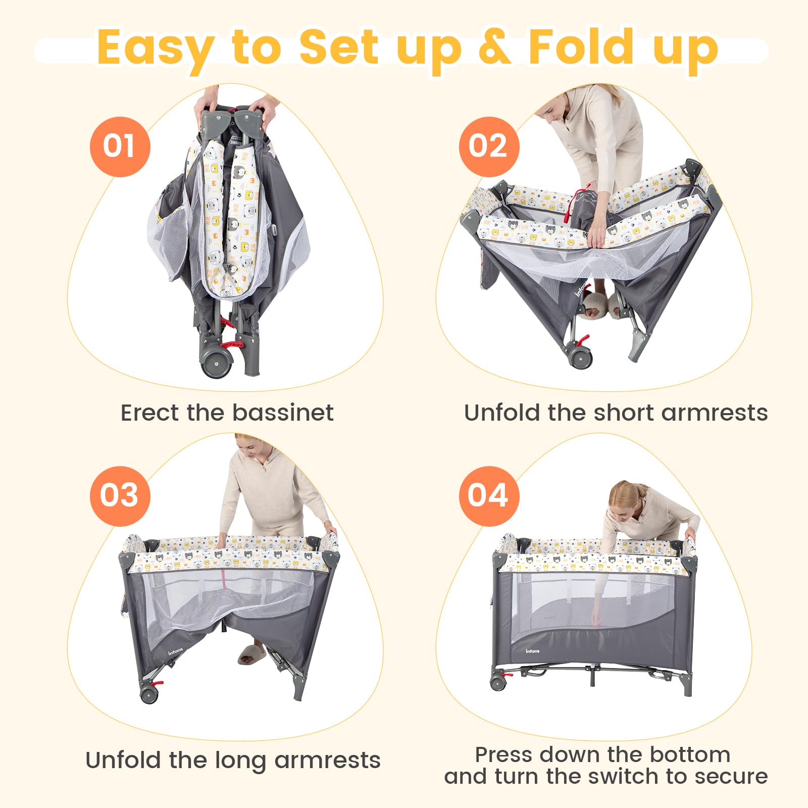 INFANS 5 in 1 Portable Playard, Larger Size Baby Bassinet Bedside Sleeper, Diaper Changer, Foldable Bedside Crib