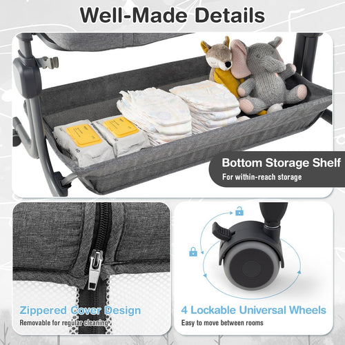INFANS 3-in-1 Baby Bassinet, Bedside Sleeper with Comfy Mattress, Wheels, 6-Height Adjustable, Storage Basket