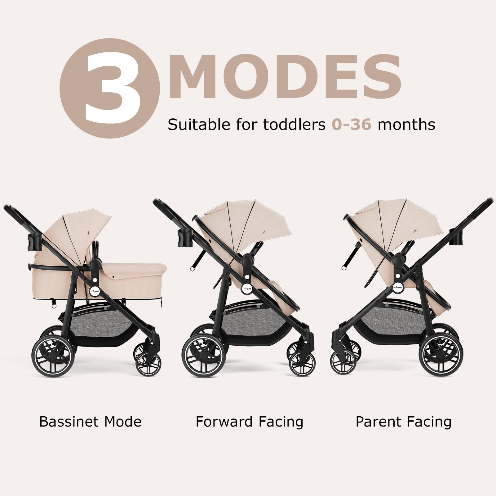 INFANS 2 in 1 Baby Stroller, High Landscape Infant Stroller & Reversible Bassinet Pram, Foldable Pushchair