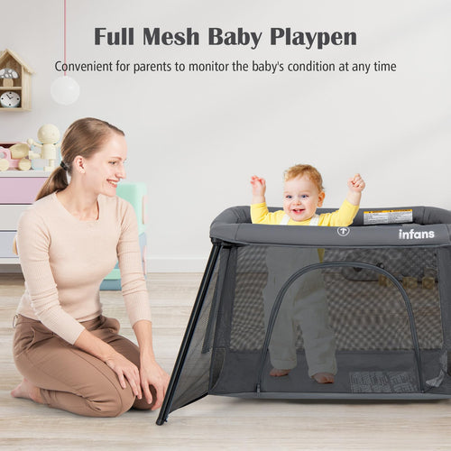 INFANS Travel Crib, Portable Baby Playpen with Removable Bassinet Soft Mattress, Foldable Lightweight Playard Nursery Center